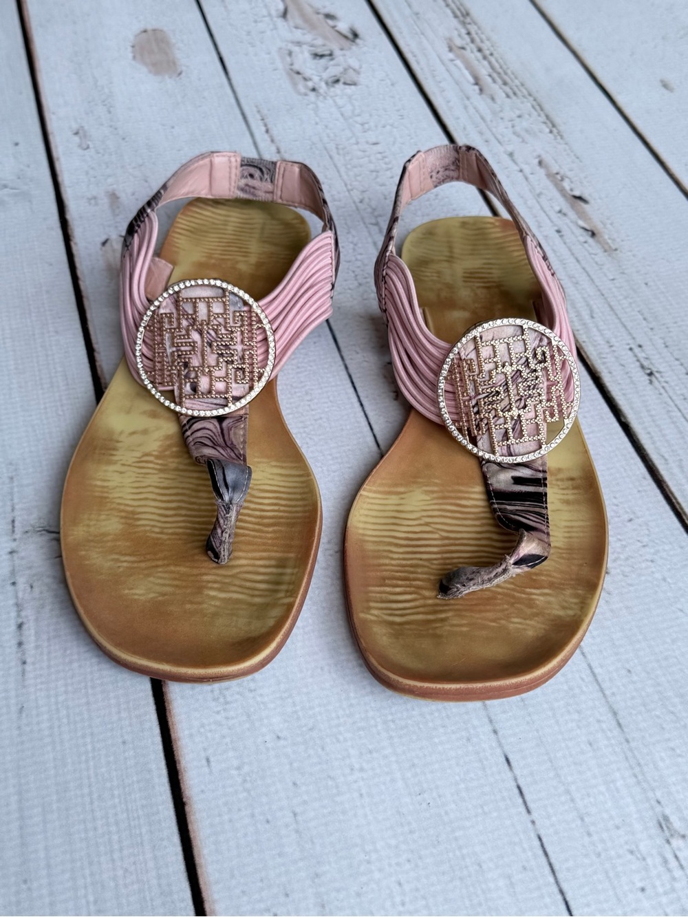 Rouge Helium Pink Strappy Rhinestone Medallion Thong Sandals - Size 8